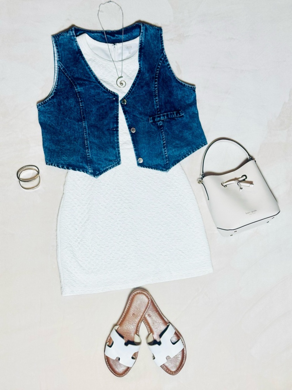 White Textured Mini Dress with Denim Vest